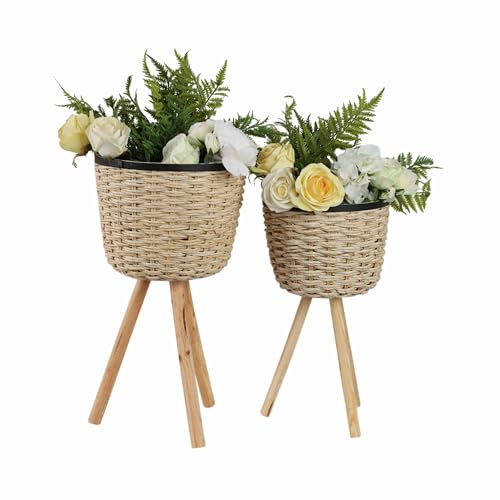 Sagebrook Home Set of 2 Wicker Planters on Stands - Handwoven Bamboo & Wood Decorative Plant Pots - Boho Garden Style for Home & Outdoor Use - 24