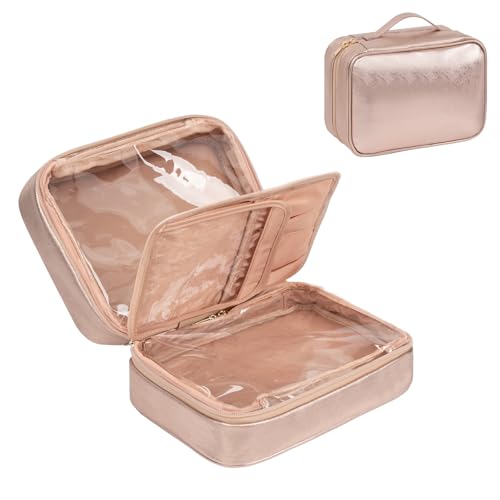 Kosmetiktasche, Kulturtasche Damen, Reise Kosmetik Organizer Tasche, wasserdichte Schminktasche Make Up Tasche mit Make-up Pinsel Fach (roségold, 25×10×18cm)