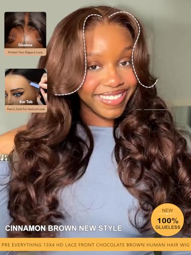 Image of Sunber Loose Body Wave Human Hair Glueless Auburn Brown Wig 18Inch | Wig with Drawstring Pre Everthing Pre Cut 13x4 HD Lace Frontal Wigs Pre Plucked Bleached Invisible Knots Put on Go Brown Wig