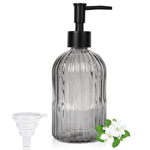GKSCXEXE 400ml Grey Glass Soap Dispenser with Plastic Pump & Funnel, Clear Hand Soap Dispenser Bathroom Kitchen Liquid Soap Container, Handwash Dispenser Bottle for Shower Gel, Shampoo, Dish Soap