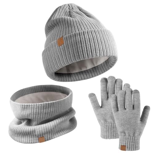 AWAVM Kids Winter Hat Scarf Gloves Set 3 PCS Warm Thermal Knitted Beanie Cap Snood Neck Warmer Touchscreen Mitten Soft Fleece Lining Elastic for Children Aged 5-12 Outdoor Sports