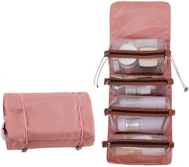 Luxula 4 in 1 Hanging Roll-Up Foldable Portable Detachable Cosmetic Organizer Bag Makeup Pouch Travel Toiletry Bag for Women (Pink)