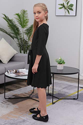 GORLYA Girl's 3/4 Sleeve Casual Scalloped Edge A-line Belted Dress with Pockets for 4-14T Kids4