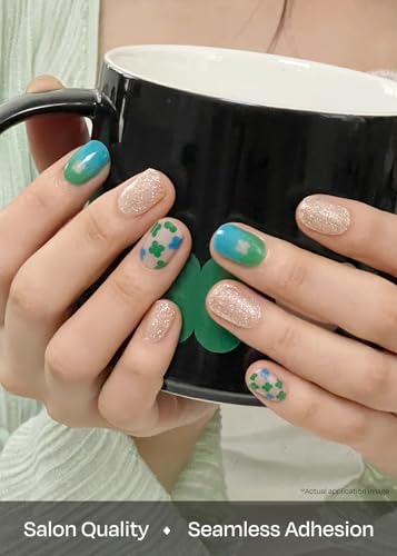 Image of ohora Semi Cured Gel Nail Strips (N Lucky Drop Clover) - Works with Any Lamps, Salon-Quality, Long Lasting, Easy to Apply & Remove - Includes 2 Prep Pads, Nail File & Wooden Stick