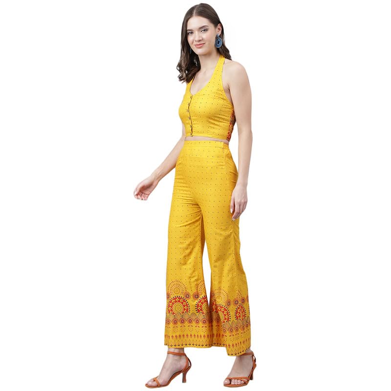 Image of Women's Boho Sleeveless Yellow Crop Top and Wide-Leg Pant Set with Intricate Border Print for Party Birthday | Western Dress for Women