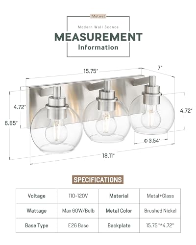 Image of Bathroom Light Fixtures, 3-Light Brushed Nickel Vanity Light, Modern Wall Sconces with Globe Clear Glass Shade, Vanity Lighting Fixtures Over Mirror, VL195-BN-CL-3