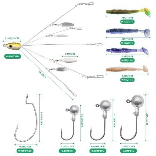 Fregito 5 Arms Alabama Umbrella Rig Fishing Bass Kit Fishing Lures Bait Rigs For Lures With Soft Swimbait And Jig Hooks Trout Salmon Freshwater（62Pcs） #TOP1