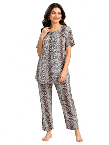 Image of KIAWAH Women Printed Night Suit Set, Cotton Blend Night Suit, A-Line Top and Pajama Set, Soft and Breathable Night Wear