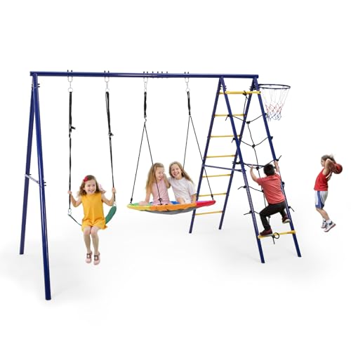 Warmiehomy Large Baby Swing Set Metal Toddler Swing Stand with 2 Swings, Basketball Hoop, Climbing...