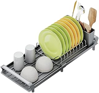 OROPY Expandable Dish Drainer, Small Compact Dish Drying Rack with Utensil Holder, Stainless Steel Space-saving Sink Drainer with Sloping Drainboard and Non-slip Feet ( Grey )