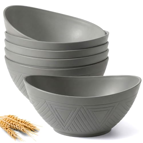 Homienly Wheat Straw Bowls, Large Salad Bowls Set of 6-60 OZ Serving Bowl for Kitchen, Camping, Party - Unbreakablke Microwave and Dishwasher Safe Big Cereal Bowl, Large Soup Bowl - Grey