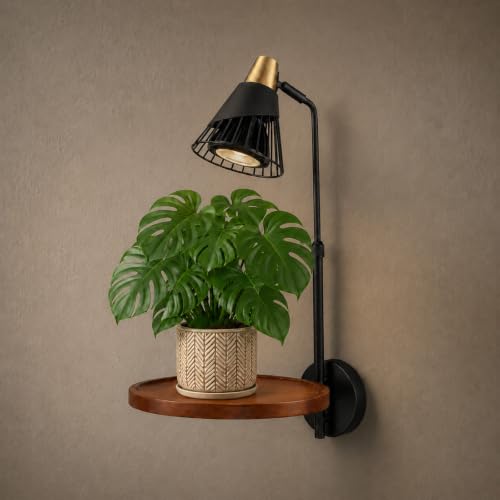 Hamilyeah Wall Mounted Grow Light for Indoor Plants, Black Hardwired Wall Sconce with Plant Grow Bulb, Industrial Wall Lamp with Floating Shelf, Decorative Plant Light for Living Room, Home Office