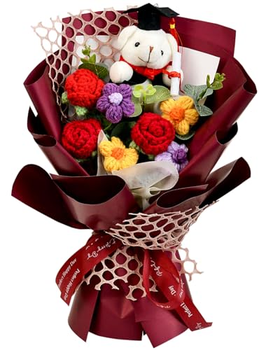 Hlenbin Graduation Gifts Crochet Flowers Bouquet, Handmade Sunflower Rose Bear