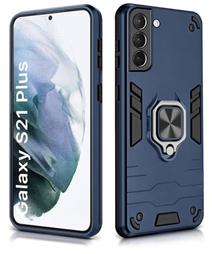 Image of WOW IMAGINE Shock Proof Back Case Mobile Cover for Samsung Galaxy S21 Plus (Armor | Hybrid PC + TPU | Full Protection with Ring Holder Kickstand | Blue)
