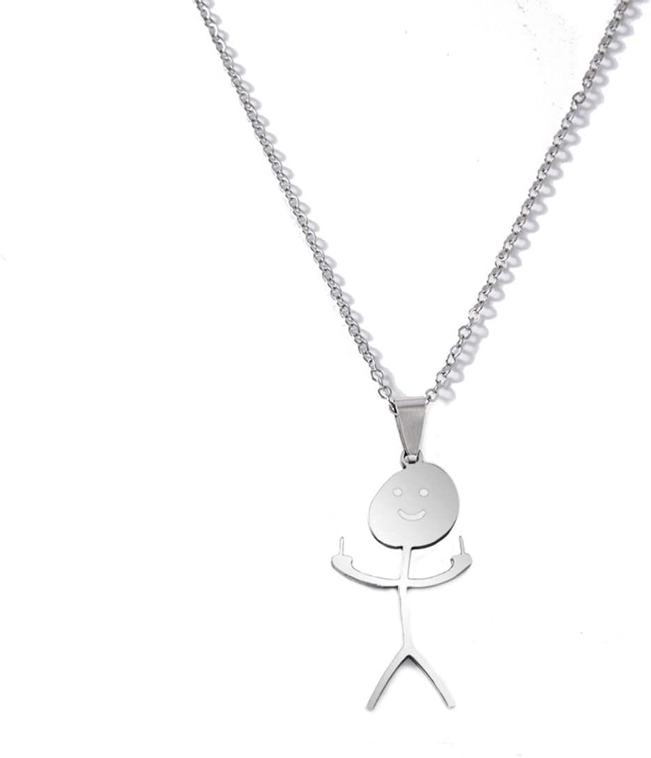 Caiyao Stainless Steel Funny Doodle Necklace - Personalized Smile Middle Finger Pendant Necklace, Happy Face Fuck Necklace Long Distance Friendship Jewelry Gift for Men Women