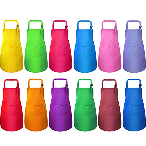 SATINIOR 12 Pcs Kids Apron for 2-13 Age Adjustable Children Chef Art Smock with Pocket for Girl Boy Activity(Multi-Color L for 7-13 Age)