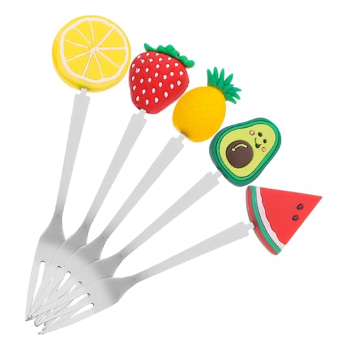 KICHOUSE 5pcs Cartoon Fruit Fork Fruit Picks for Small Dessert Forks Fruit Cutting Fork Dessert Picks Food Fruit Picks Party Pastry Forks Mini Forks for Appetizers Stainless Steel