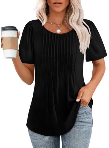 Womens Tops Dressy Casual Summer Puff Sleeve Pleated Cute T Shirts Black Beach Vacation Clothes for...