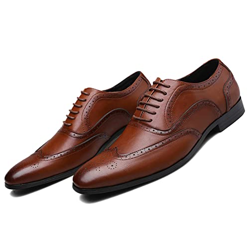 HOOENG Dress Oxford Shoes for Men Lace Up Square Toe Burnished Toe Brogue Wing tip Oxford Shoes Low Top Non Slip Block Heel Slip Resistant Prom(Color:Brown,Size:11)4