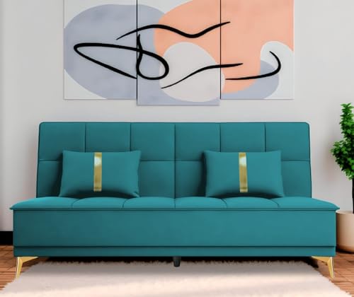 Image of Adorn India Premium New Alyssum 3 Seater Sofa Cum Bed 4X6 Velvet Suede with 2 Cushions (Color Aqua Blue) and Suitable for All Indoor, with 3 Years Warranty