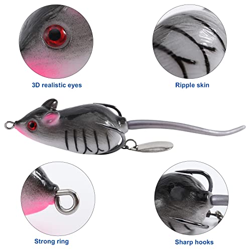 Goture 5Pcs Mouse Topwater Lure Bait 3D Rats Soft Fishing Lures For Bass Fishing Surface Weedless Mice Artificial Freshwater Baits #TOP2