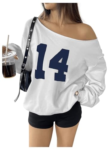 Women's Y2K Jersey Sweatshirt Number Print Off Shoulder Sweatshirt Long Sleeve Asymmetrical Shoulder Loose T Shirt