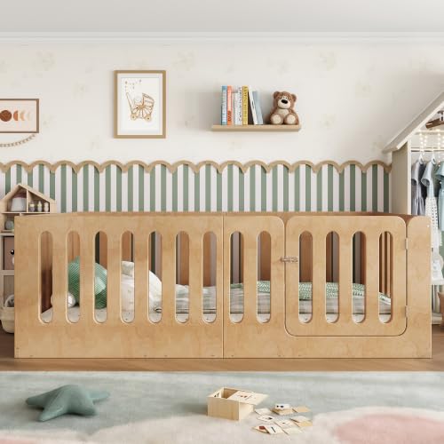 KEIKI Twin Size Wood Montessori Floor Bed Frame with High Fence, Natural by KEIKI - Image 2