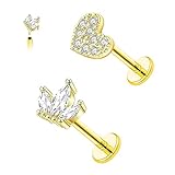 VERAMI 2PCS 16G Surgical Steel Pushin Heart Lip Rings Crown Nose Stud Rings Top Push in Threadless Flat Back Nose Rings Studs Cartilage Earrings for Womens…