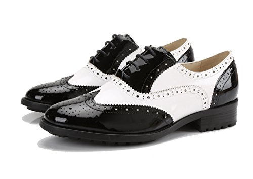 U-Lite Black White Perforated Lace-Up Wingtip Leather Flat Oxfords Vintage Oxford Shoes Women Bw 8 #TOP5