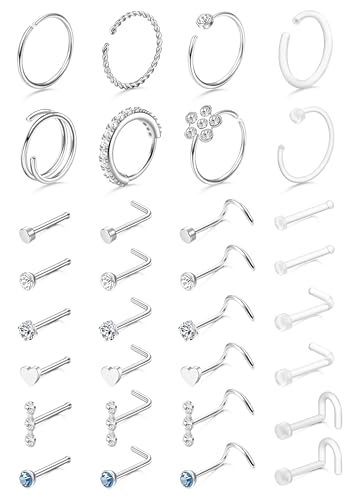 THUNARAZ 32 Pcs Nose Rings for Women Men - Hypoallergenic Surgical Stainless Steel Retainer Clear L Shape/Straight/Corkscrew Nose Rings Hoops Cartilage Helix Tragus Piercing Jewelry 18G/20G
