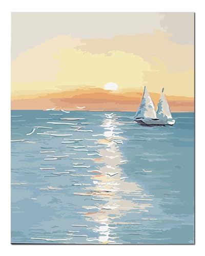 Peinture par numéros adulte avec cadre bois 40x50 cm motif coucher de soleil voilier