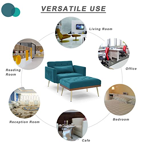 Kinffict Velvet Accent Recliner Chair With Ottoman, Modern Armchair With Adjustable Backrest And Side Pocket, Comfy Single Lounge Sofa Chair For Living Room Bedroom Office (Teal Blue) #TOP7