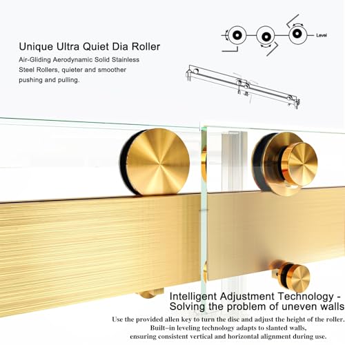 UTEIWF Shower Doors Soft Closing 66-72" W x 79" H Width Adjustable Double Sliding 3/8"(10mm) Clear Tempered SGCC Glass Frameless Stainless Steel Hardware (Brushed Gold)