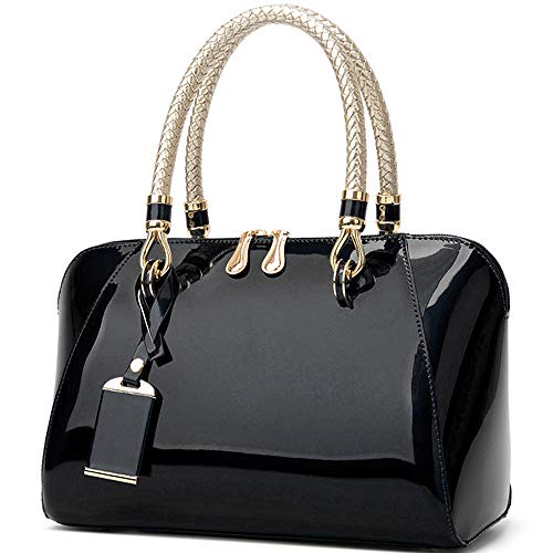 ZiMing Bolsas femininas de couro envernizado brilhante com alça superior, bolsa estilosa, bolsa média, bolsa de ombro, Preto, One Size