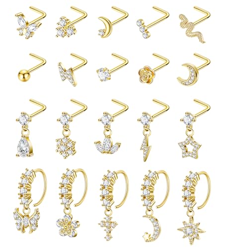SOMEITIA 20PCS 20G Surgical Steel Dangle Nose Rings for Women L Shaped Nose Studs Dangling Nose Rings Hoops CZ Flower Butterfly Moon Nose Piercing Jewelry Gold