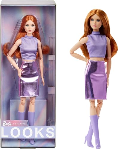 Barbie Looks Doll, Collectible No. 20 with Red Hair & Modern Y2K Fashion, Lavender Top & Faux-Leather Skirt with Knee-High Boots