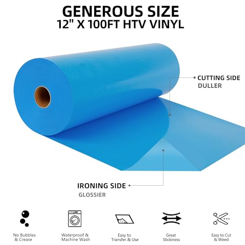 Image of FUNKAKA Heat Transfer Vinyl Rolls, 12 inch x 100ft Lake Blue Iron on Vinyl | Glossy HTV Vinyl for All Cutter Machines - Easy to Cut & Weed for Heat Vinyl Design