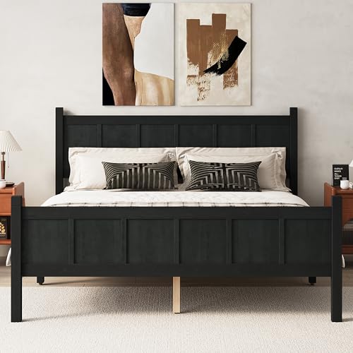 Image of Queen Size Vintage Bed Frame with Headboard, Farmhouse Wooden Platform Bed with Under-Bed Storage, Minimalist Modern Wood Grain Finish Bedframe for Bedroom (Black)