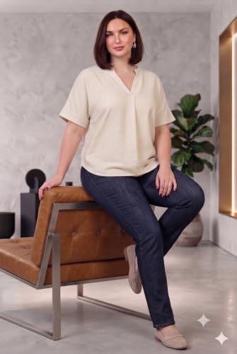 Image of SINDOORI Relaxed Fit Tops for Women Plus Size Solid Printed Mandarin Collar, Band Collar, V-Neck Top, Half Sleeve Loose Fit