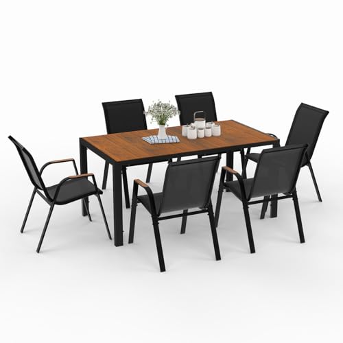 IDMarket - Salon de Jardin NOUMEA Table 150 cm Plateau Verre trempé Effet Bois et 6 chaises empilables Noir et Bois