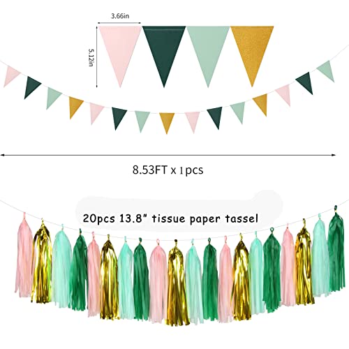 Image of Sage-Green Pink Mint Gold Birthday Decorations - 31pcs Party Kits Happy Birthday Banner Flags,Tissue Paper Pom Poms,Circle Dots Garland,Tassel Streamers,40th 50th Women Men Birthday Decor Panduola