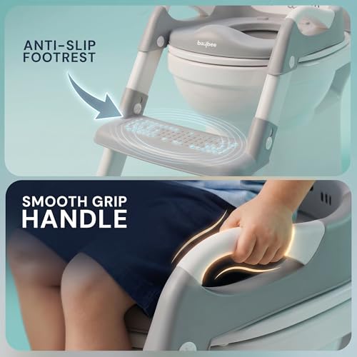 Image of Baybee Aura Pro Baby Ladder Potty Training Seat for Kids | Foldable Baby Western Toilet Seat with Adjustable Height, Grip Handle & Backrest | Potty Training Seat Chair for Kids 1 to 8 Years (Grey)