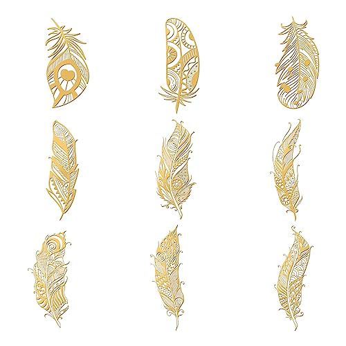 OLYCRAFT 9pcs 4x4cm Autocollants plumes en métal dorés pour Scrapbooks DIY Resin Crafts Décoration de téléphone et de bouteille