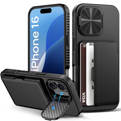 BXYJY for iPhone 16 Case Wallet, Built-in Card Holder (4-5 Cards), Camera Cover Stand, Military Grade Drop Protection, Rugged Heavy Duty Silicone Men Women Protective Phone Case for iPhone 16, Black
