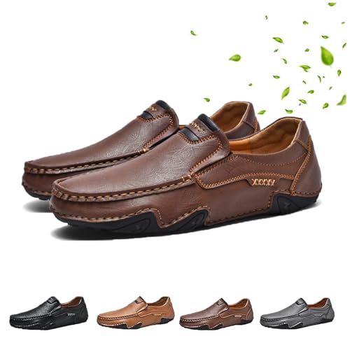 AMOUSDRDR Handgefertigte orthopädische Slip-On-Slipper für Herren, lässiger Leder-Mokassins, Business-Arbeit, flache Schuhe, dunkelbraun, 44 EU