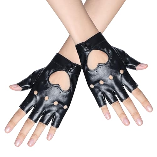 Hftjtsa Black Fingerless Gloves PU Faux Leather Dance Gloves Heart Cutout Punk Driving Performance Goth Cosplay Halloween