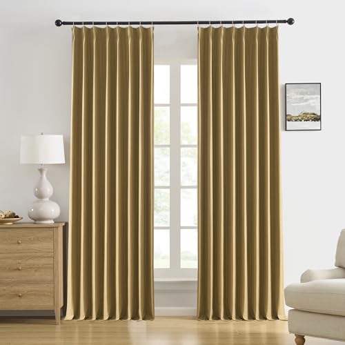 DUALIFE Gold Tan Pinch Pleated Blackout Curtains 95 Inches Long, Back Tab with Hooks, Linen Full Black Out Thermal Insulated Track Curtain for Bedroom Living Room,50 W x 95 L, 2 Panels