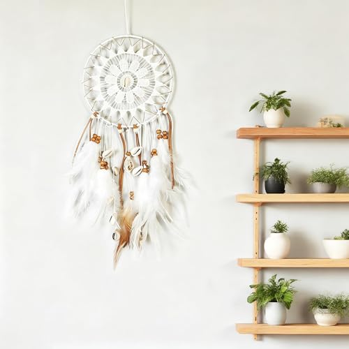 HASLED Atrapasueños Blanco Hecho a Mano con Plumas, Decoración de Pared para Dormitorio, Regalo Simbólico - 40 cm