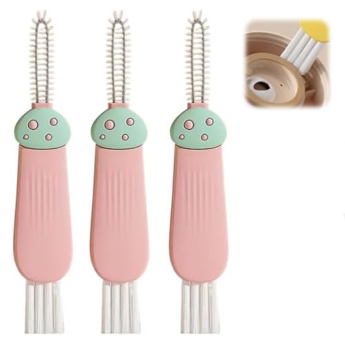 3 in 1 Cup Lid Cleaning Brush, 2025 New Multifunctional Cleaning Brush Crevice Cleaner Brush for Bottle Gap Tight Spaces, 3 in 1 Portable Cup Lid Cleaner with Brush (All) (Pink)