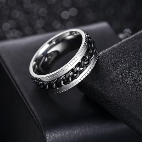 Udolfly Mens Fidget Rings Anxiety Rings for Men Womens Chain Spinner Rings for Adults Titanium Steel Ring Silver Black Size 13